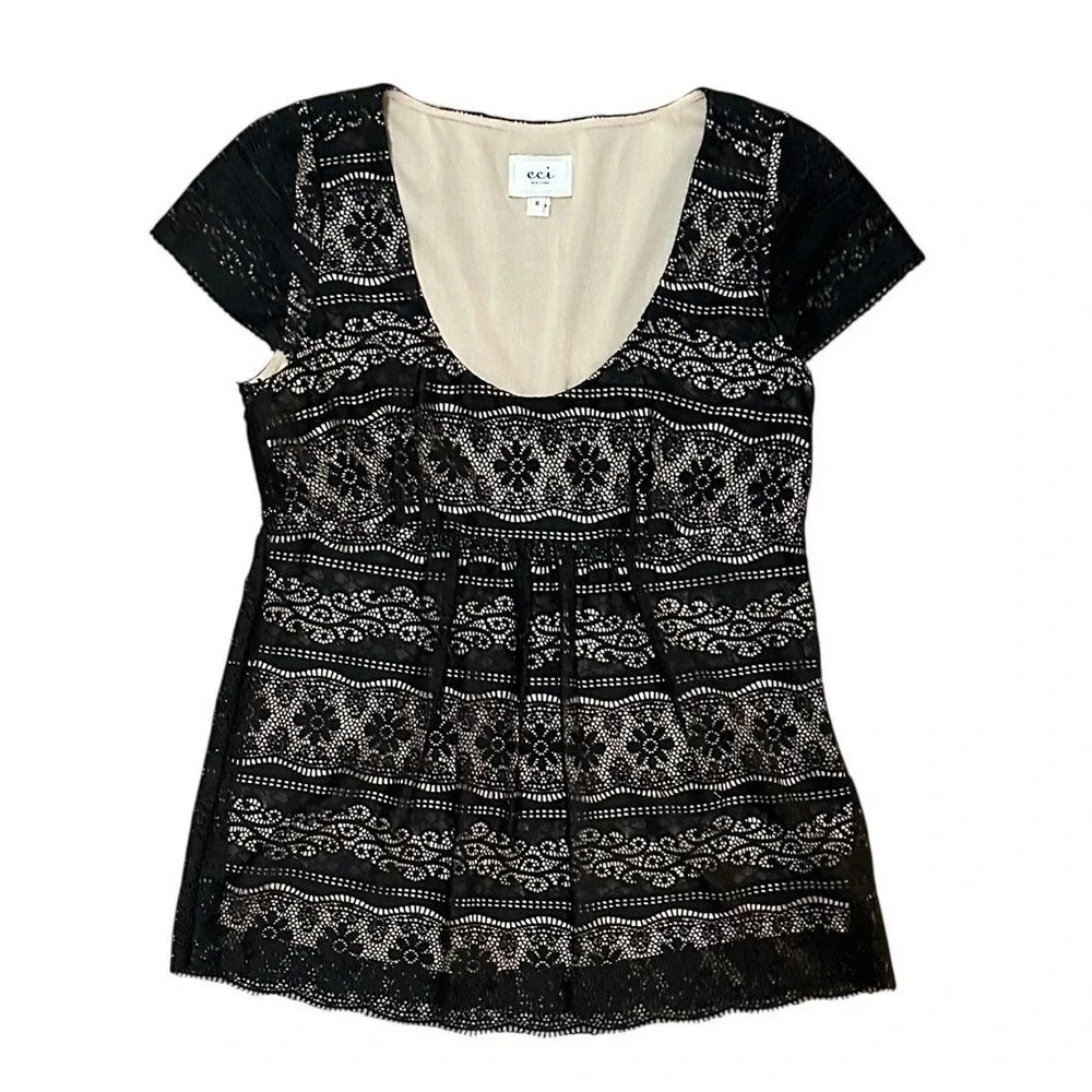 ECI Lace Blouse Women 6 Black Empire Waist Short Sleeve Scoop Neck Whimsigoth‎